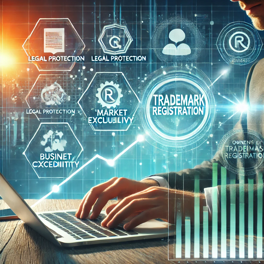 Imagem composta mostrando um empreendedor digitando em um laptop sobre registro de marca em um ambiente moderno. Sobreposição de infográfico destacando benefícios como proteção legal, exclusividade de mercado e credibilidade empresarial. Inclui um gráfico de crescimento com uma seta apontando para cima, simbolizando o impacto positivo de uma marca registrada no desenvolvimento do negócio. Fundo em tons de azul e verde para transmitir profissionalismo e confiança