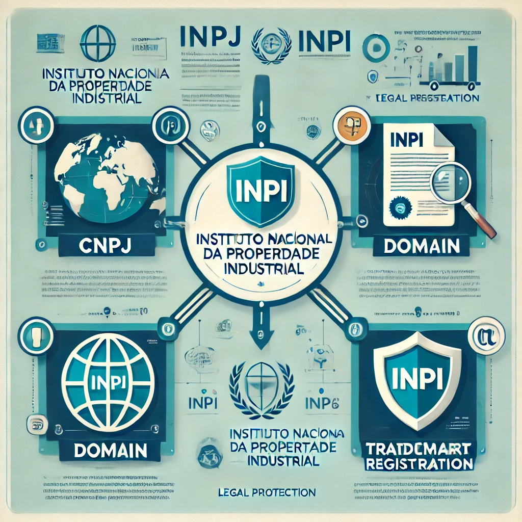 Comparação entre CNPJ, domínio e registro de marca, destacando a importância do INPI para proteção legal