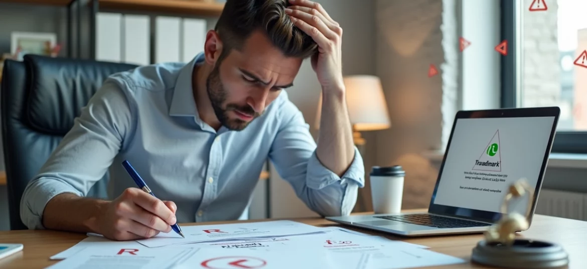 Empresário preocupado analisando documentos de marca com símbolo de alerta vermelho