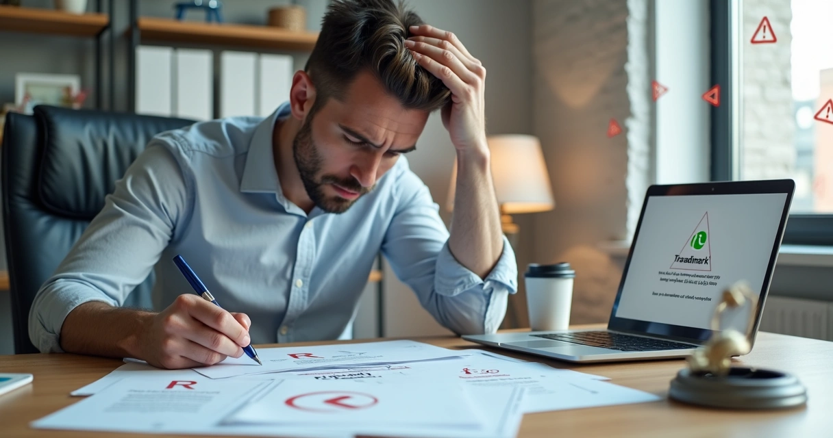 Empresário preocupado analisando documentos de marca com símbolo de alerta vermelho