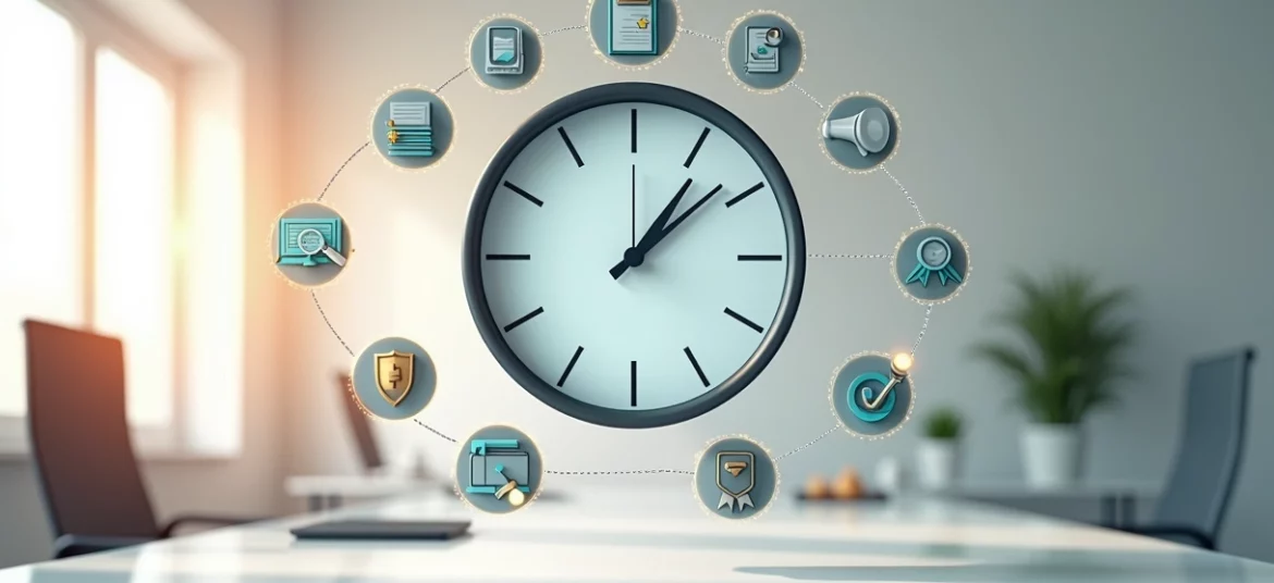 Infográfico realista mostrando etapas do registro de marca com ícones em torno de um relógio