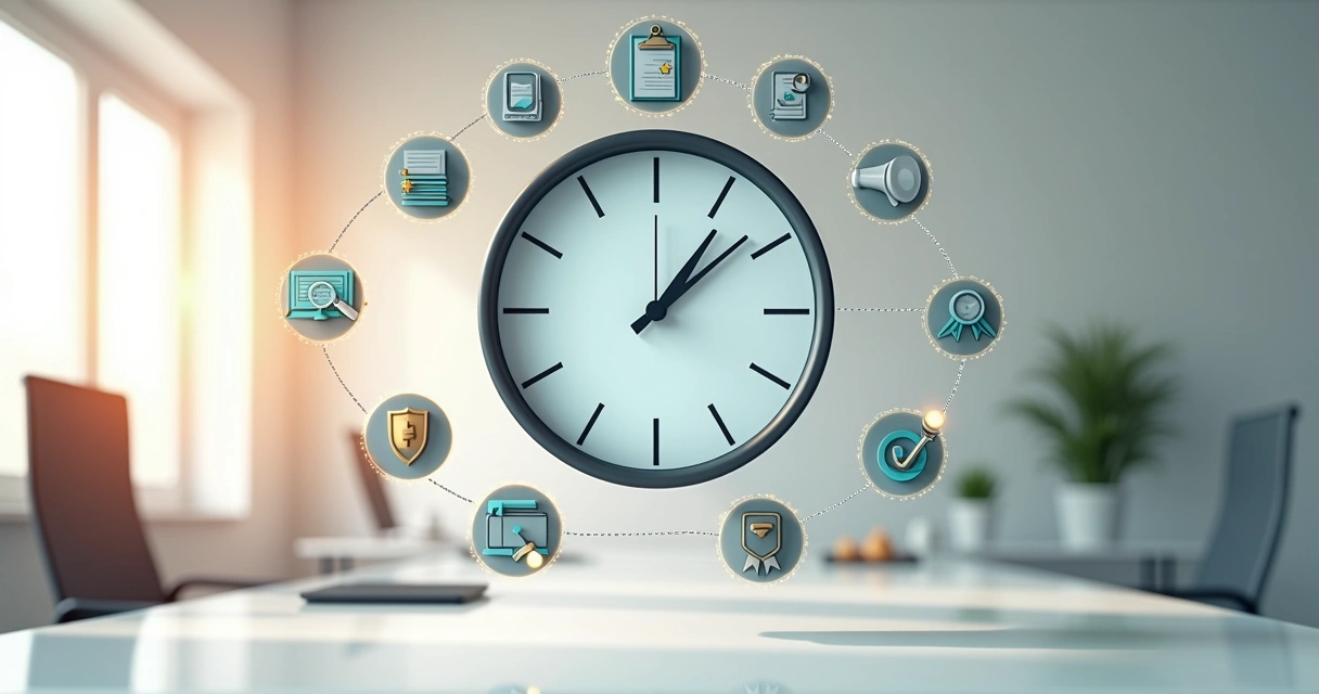 Infográfico realista mostrando etapas do registro de marca com ícones em torno de um relógio